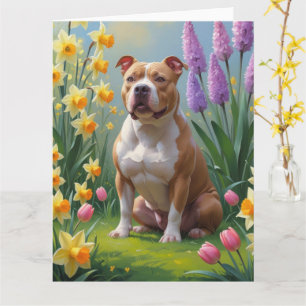 Pitbull-Hund-Frühlingsblumen-Gemälde  Karte