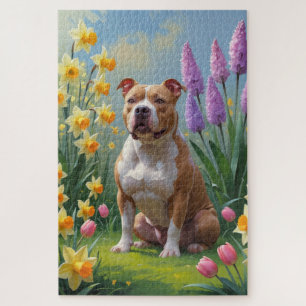 Pitbull-Hund-Frühlingsblumen-Malerei