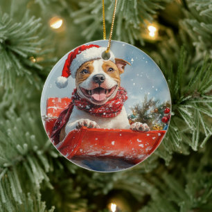Pitbull-Hund im Schlitten Lass es schneien Weihnac Keramik Ornament