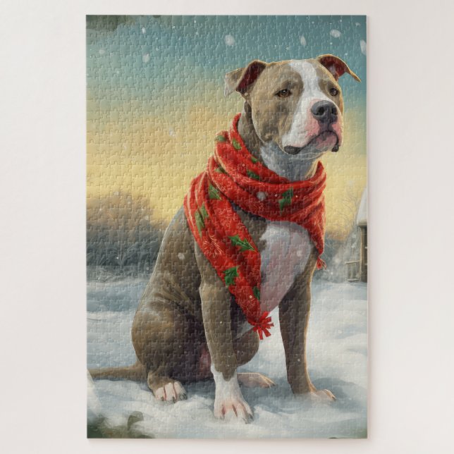 Pitbull Hund im Schnee Weihnachten (Vertikal)