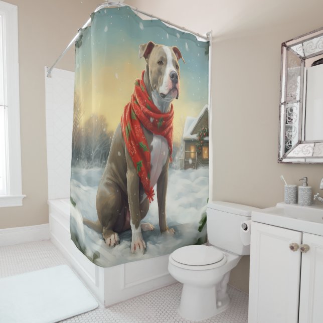 Pitbull Hund im Schnee Weihnachten Duschvorhang (Beispiel)