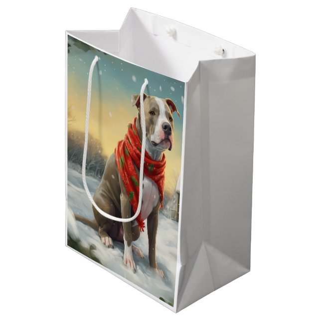 Pitbull Hund im Schnee Weihnachten Mittlere Geschenktüte (Vorderseite Schrägansicht)