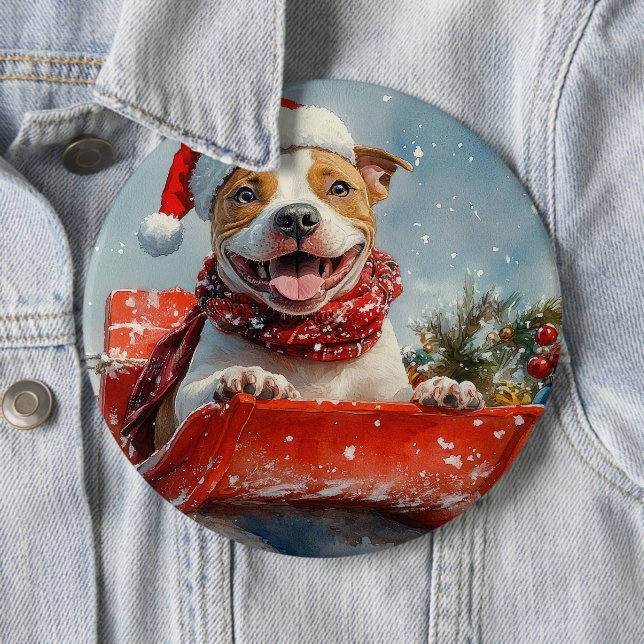 Pitbull Hund in Sledge Lass es Schnee Weihnachten Button (Beispiel)
