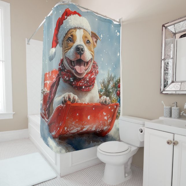 Pitbull Hund in Sledge Lass es Schnee Weihnachten Duschvorhang (Beispiel)