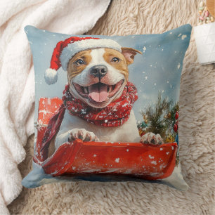 Pitbull Hund in Sledge Lass es Schnee Weihnachten Kissen