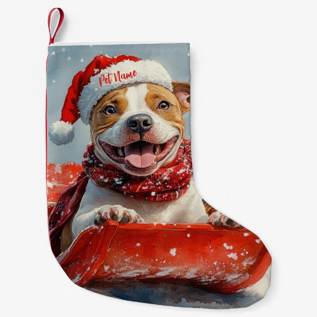 Pitbull Hund in Sledge Lass es Schnee Weihnachten Kleiner Weihnachtsstrumpf (Vorderseite)