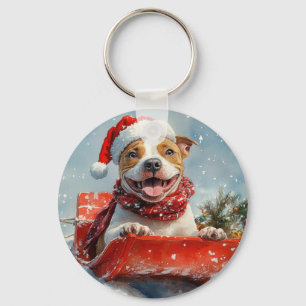 Pitbull Hund in Sledge Lass es Schnee Weihnachten Schlüsselanhänger