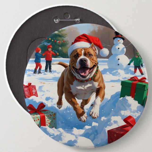 Pitbull Hund läuft im Schnee mit Weihnachtshut Button (Vorne & Hinten)