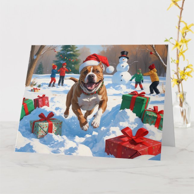 Pitbull Hund läuft im Schnee mit Weihnachtshut Karte (Gelbe Blume)