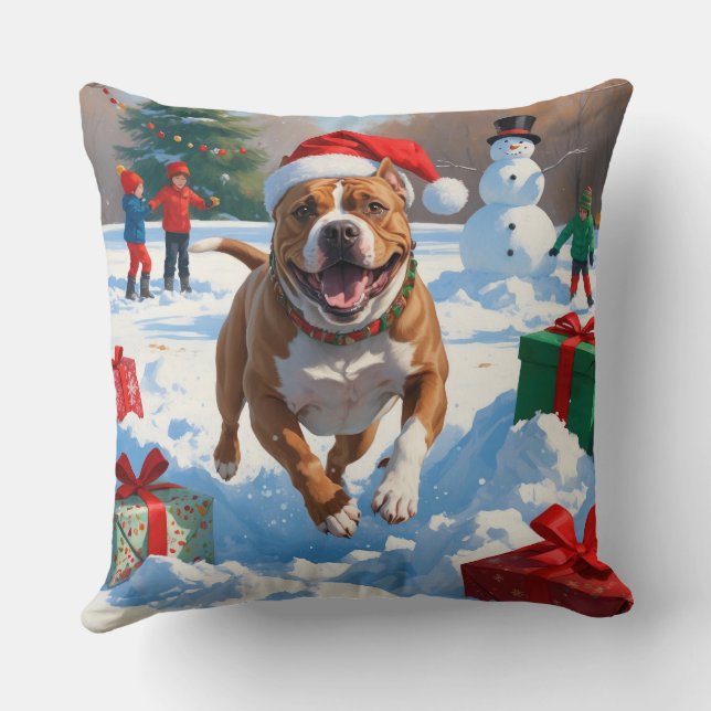 Pitbull Hund läuft im Schnee mit Weihnachtshut Kissen (Rückseite)