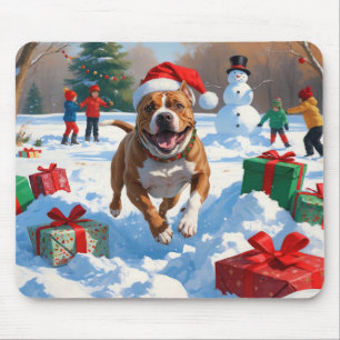 Pitbull-Hund läuft im Schnee mit Weihnachtsmütze Mousepad