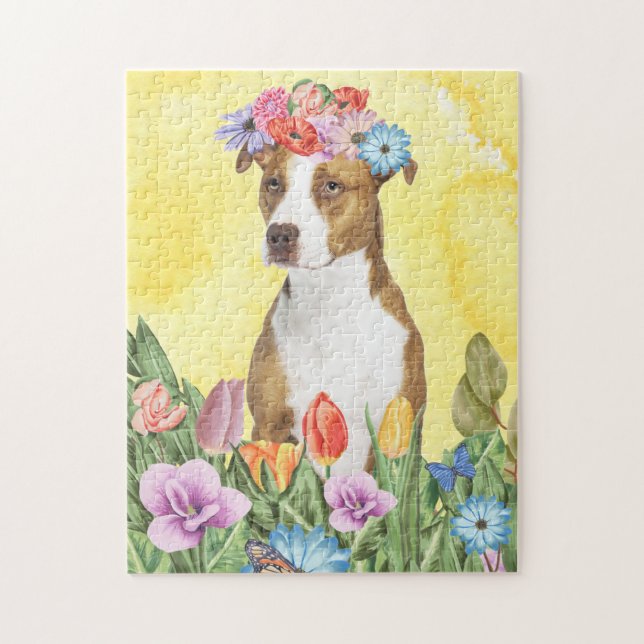 Pitbull Hund mit Blume Frühjahr (Vertikal)