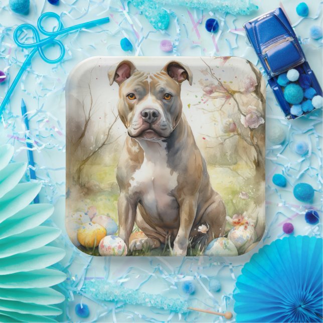 Pitbull Hund mit Ostereiern Urlaub Pappteller (Party)
