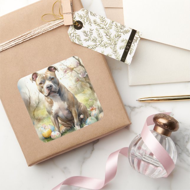 Pitbull Hund mit Ostereiern Urlaub Quadratischer Aufkleber (Schenken)
