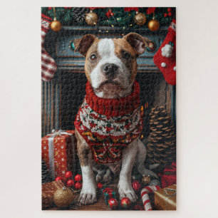 Pitbull-Hund mit Weihnachtsgeschenken am Kamin