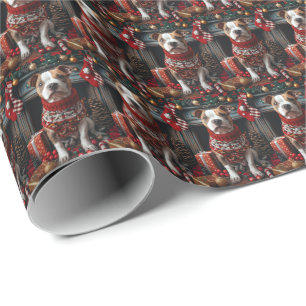 Pitbull-Hund mit Weihnachtsgeschenken am Kamin Geschenkpapier