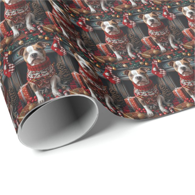 Pitbull Hund mit Weihnachtsgeschenken Feuerplatz Geschenkpapier (Rolleneckpunkt)