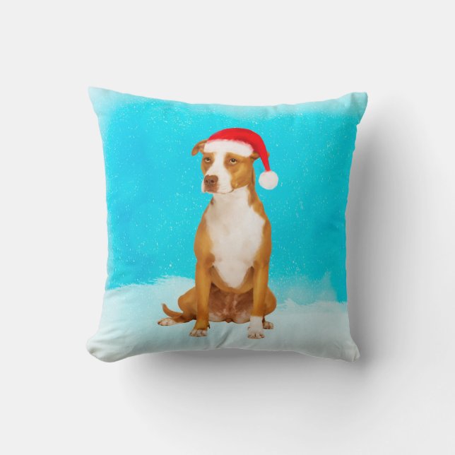 Pitbull Hund sitzt im Schnee Weihnachtsfeiertag Kissen (Vorderseite)