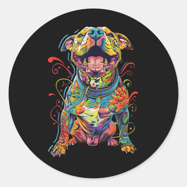 Pitbull Hund Tätowierte farbenfrohe tattooid Hund  Runder Aufkleber (Vorderseite)