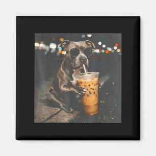 Pitbull-Hund trinkt Eiskaffee mit Sonnenbrille Magnet