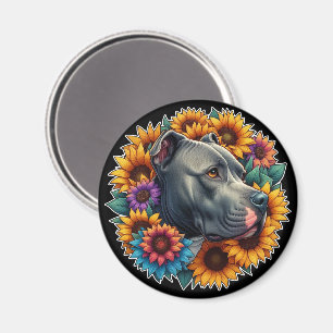 Pitbull-Hund umgeben von lebendigen Sonnenblumen Magnet