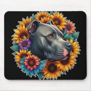Pitbull-Hund umgeben von lebendigen Sonnenblumen Mousepad