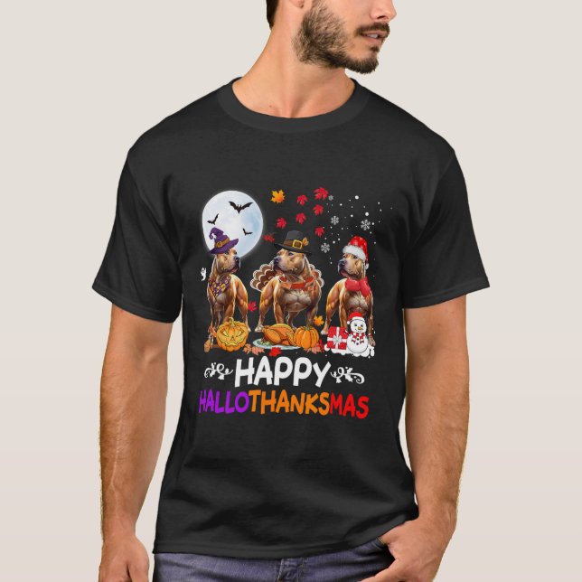 Pitbull Hund Weihnachten Happy Hallothankmas Thank T-Shirt (Vorderseite)