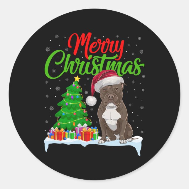 Pitbull Hund Weihnachtsbaum Lichter Weihnachten Pi Runder Aufkleber (Vorderseite)