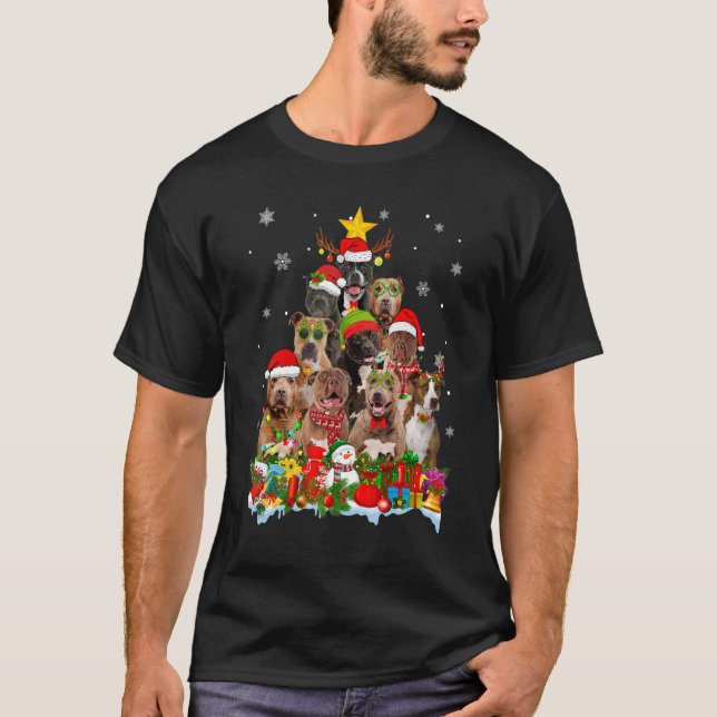 Pitbull Hund Weihnachtsbaum Lichter Weihnachten We T-Shirt (Vorderseite)
