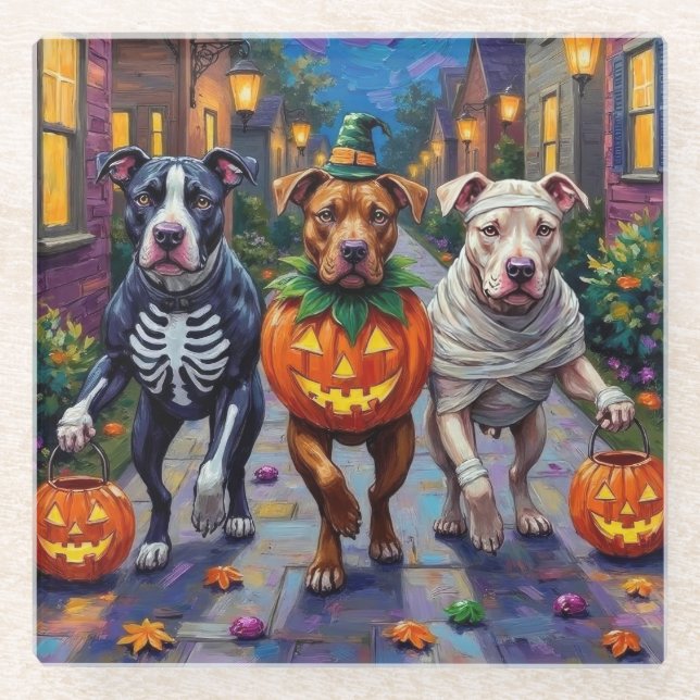Pitbull Hunde Trick-oder-Treating Halloween-Kostüm Glasuntersetzer (Vorderseite)