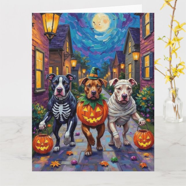 Pitbull Hunde Trick-oder-Treating Halloween-Kostüm Karte (Gelbe Blume)