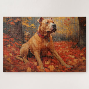 Pitbull im Herbst inspiriert von fallenden Blätter