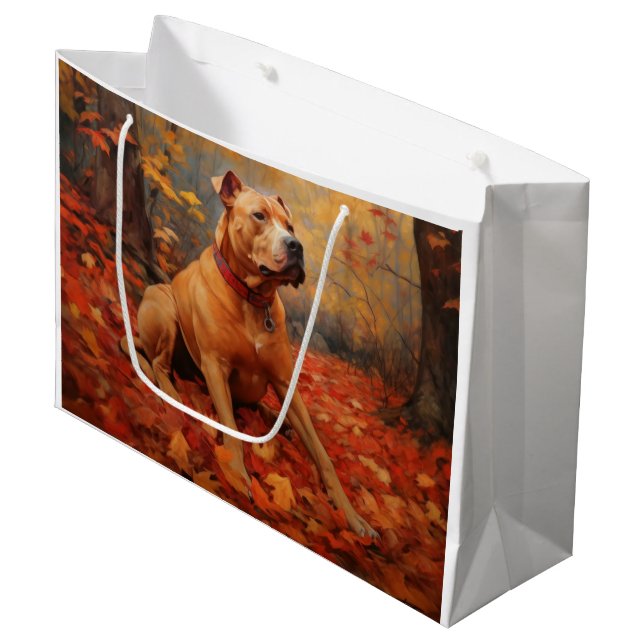 Pitbull im Herbst Leaves Fall Inspiriert Große Geschenktüte (Vorderseite Schrägansicht)