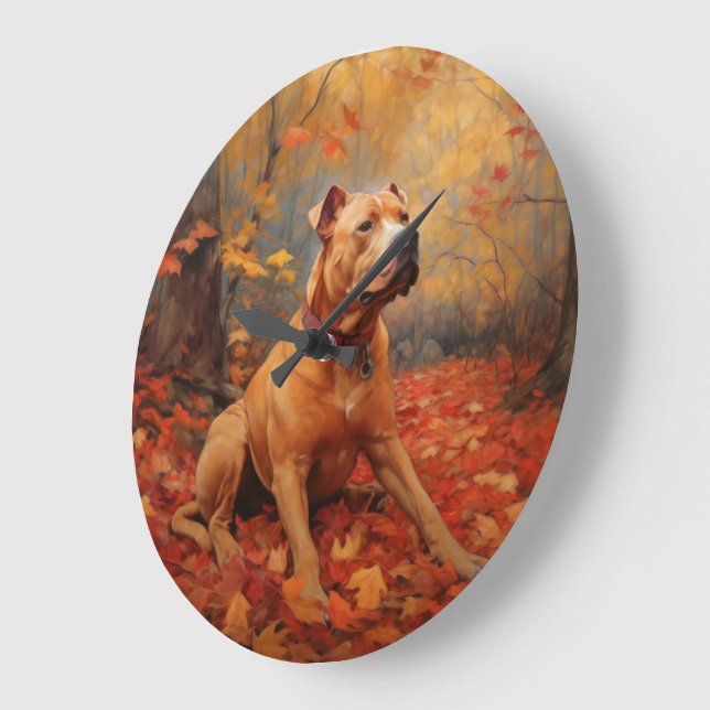 Pitbull im Herbst Leaves Fall Inspiriert Große Wanduhr (Winkel)