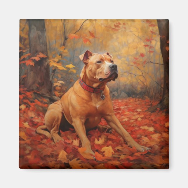 Pitbull im Herbst Leaves Fall Inspiriert Magnet (Vorne)