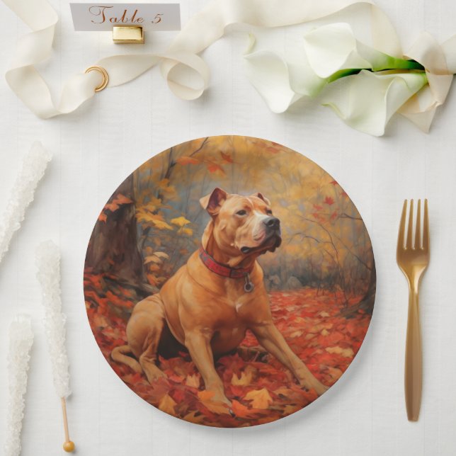 Pitbull im Herbst Leaves Fall Inspiriert Pappteller (Hochzeit)