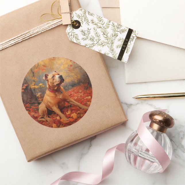 Pitbull im Herbst Leaves Fall Inspiriert Runder Aufkleber (Schenken)