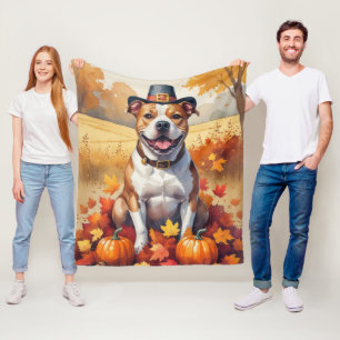 Pitbull im Herbstlaub Erntedankfest Kunst Fleecedecke