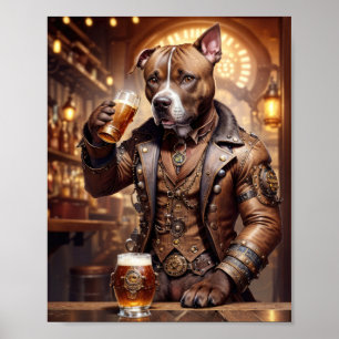Pitbull im Steampunk-Kleid beim Biertrinken in ein Poster