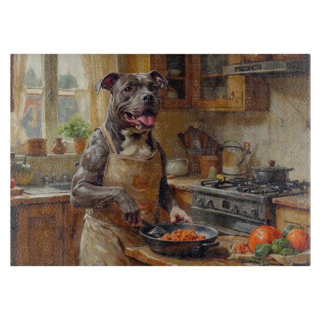 Pitbull kocht in der Küche Schneidebrett (Vorderseite)
