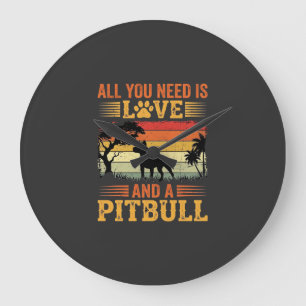 Pitbull Liebe Retro Sonnenuntergang Hund Große Wanduhr