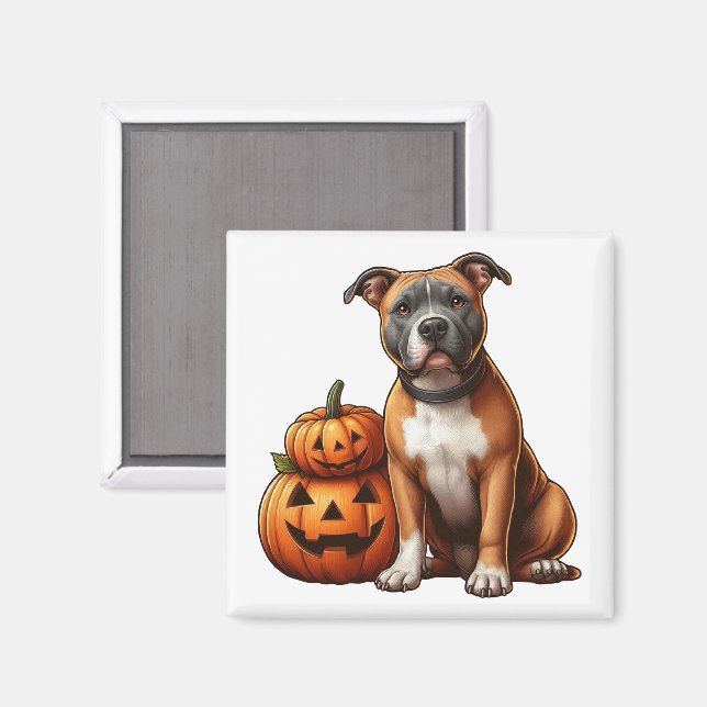 Pitbull mit Halloween Pumpkins Magnet (Vorderseite/Rückseite)