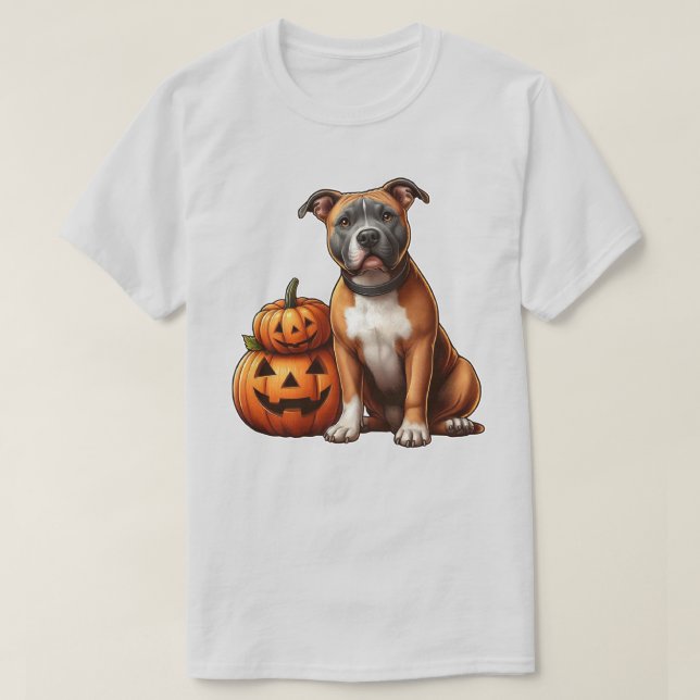Pitbull mit Halloween Pumpkins T-Shirt (Design vorne)