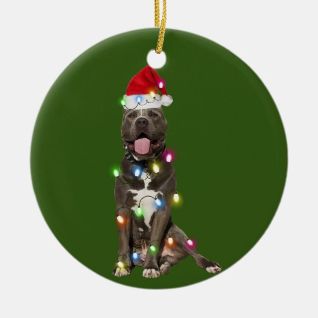 PITBULL mit Weihnachtssaftler-Weihnachtsmannmütze Keramik Ornament (Vorne)