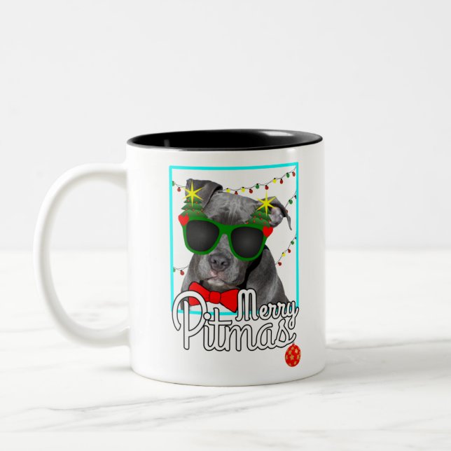 Pitbull-Pit-Bull-Hunde-Weihnachten auf fröhlichen  Zweifarbige Tasse (Links)