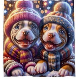 "Pitbull Puppies’ erster Schneefall - Winterkunst" Duschvorhang