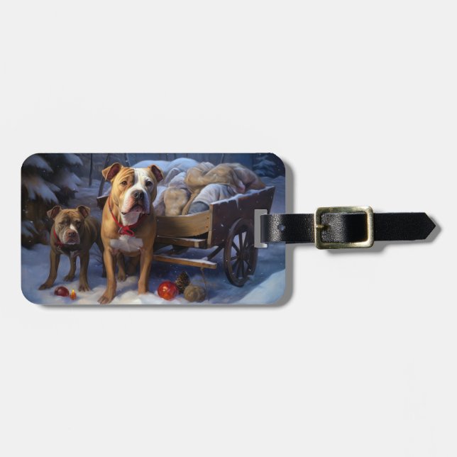 Pitbull Snowy Sleigh Weihnachtsdekor Gepäckanhänger (Vorderseite horizontal)