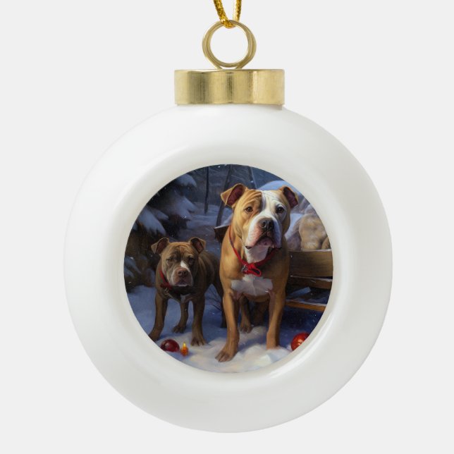 Pitbull Snowy Sleigh Weihnachtsdekor Keramik Kugel-Ornament (Vorderseite)