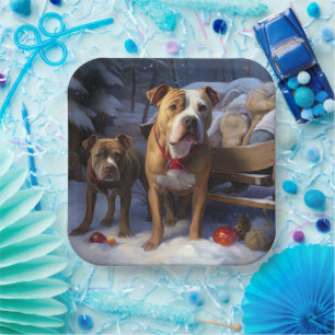 Pitbull Snowy Sleigh Weihnachtsdekor Pappteller