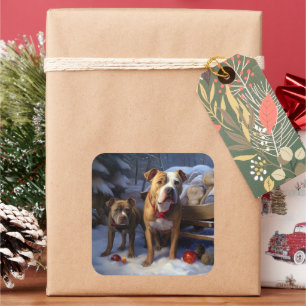 Pitbull Snowy Sleigh Weihnachtsdekor Quadratischer Aufkleber